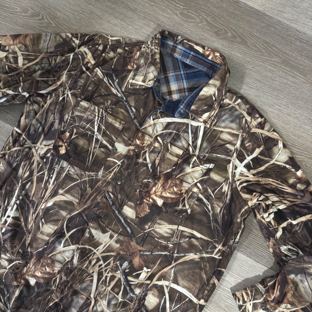 Duck Commander Flannel Shirt Mens L Brown Blue Reversible Camo Plaid Snap Front